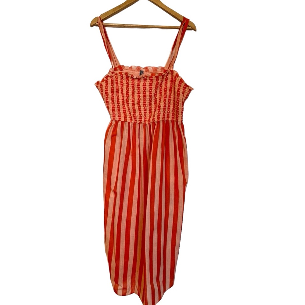 Anthropologie Midi Dress Size XL Smocked Blush Orange Stripe Spaghetti Strap - Picture 7 of 15